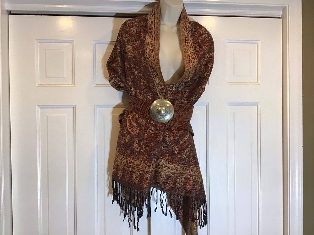Pashmina Brown Paisley Rectangular Scarf Shawl Wrap Fringe Boho Western Upscale